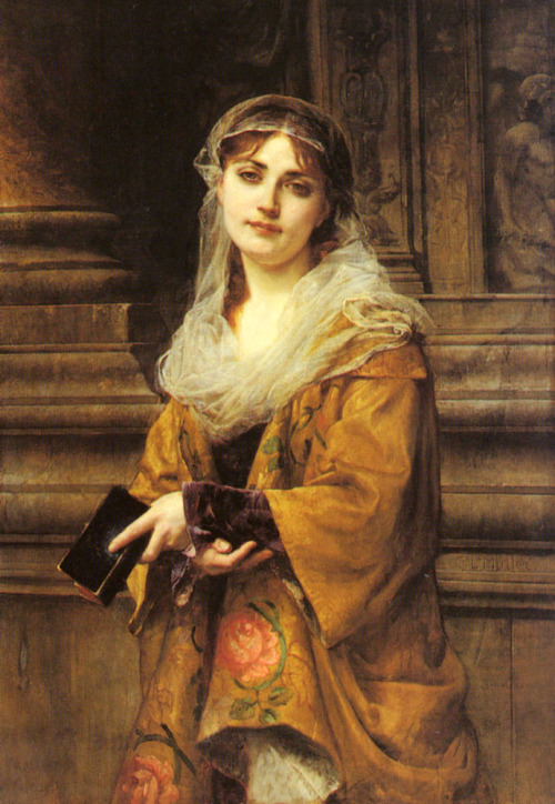 A young woman outside a church. Charles Louis Müller [also known as Müller de Paris] (French, 1815-1