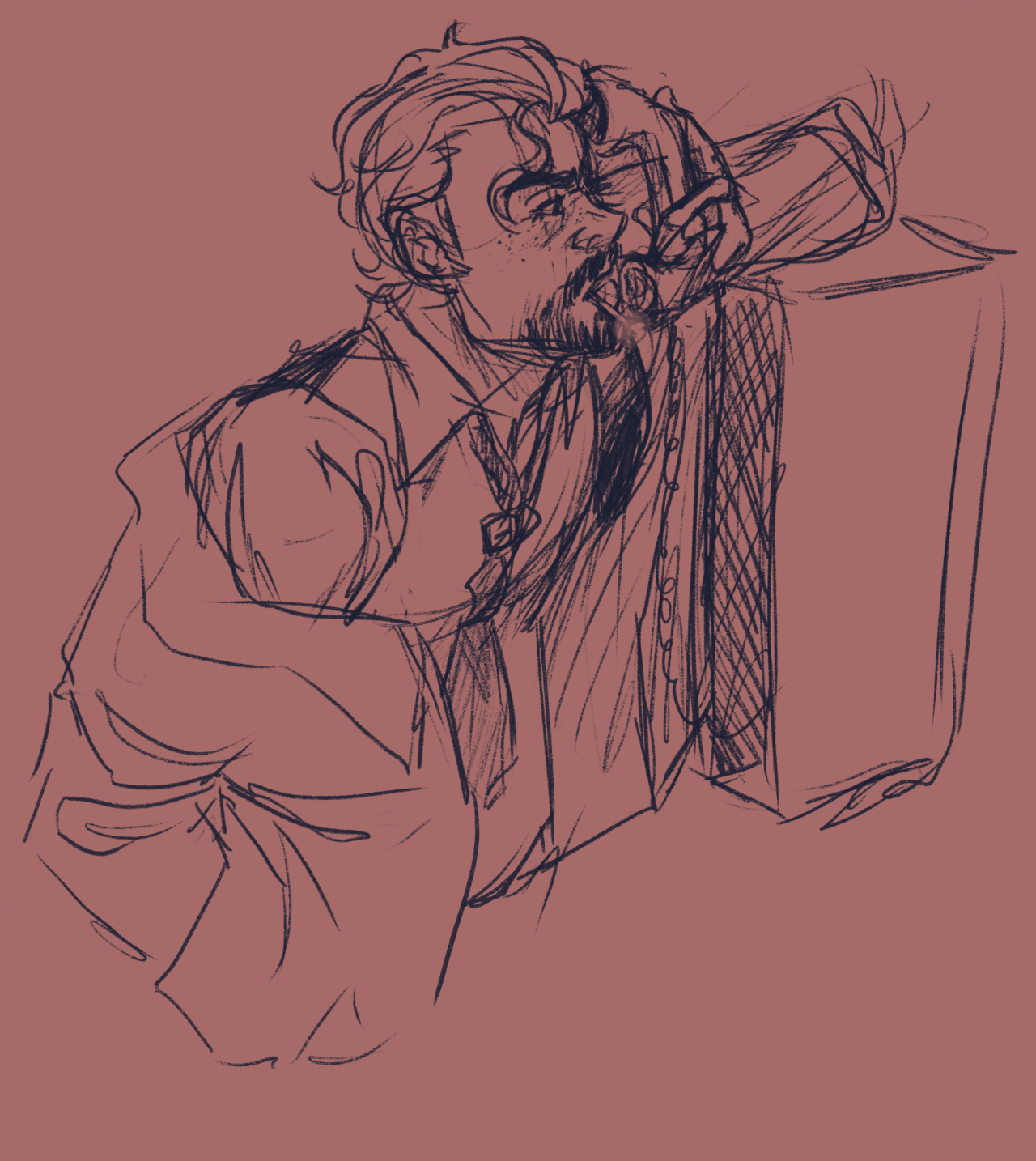 A messy digital sketch of my OC, Artyom, looking somewhat disheveled. He's talking on a payphone receiver with a lit cigarette in his mouth, looking irate. His clothes are rumpled, jacket pulling off one shoulder and his tie loosened.