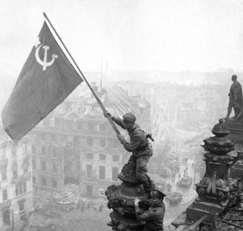 Soviet soldiers celebrate the capture of Berlin, May 1945.