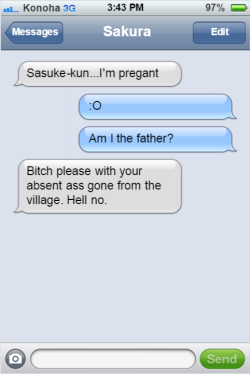textingninjasofkonoha:  For the anime character holding a pregnancy test meme. Sasuke would need some pretty powerful sperm to be the father. 