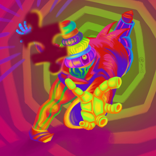 A colourful painting of Et Cetera, a chubby humanoid character wearing a fancy jacket and striped pants. He's running and leaning forward precariously, one hand outstretched to catch a falling puzzle piece in the foreground. His hands are shiny and segmented, and his head is made of a stack of round objects. The background is a green to mauve spiral.