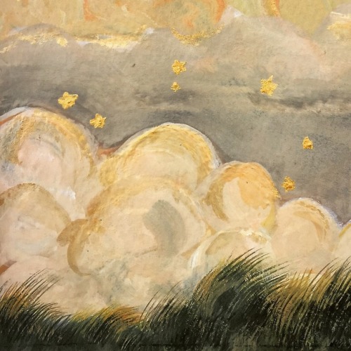 senaycuce:
sketchbook details 🌕✨


[Image description: Details from a gouache painting. It’s full moon and there are soft, creamy cotton clouds and sprinkle of golden stars.] 