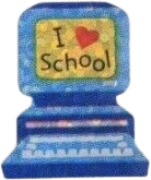 sticker of a blue desktop computer. the screen is yellow with the text 'i heart school'.