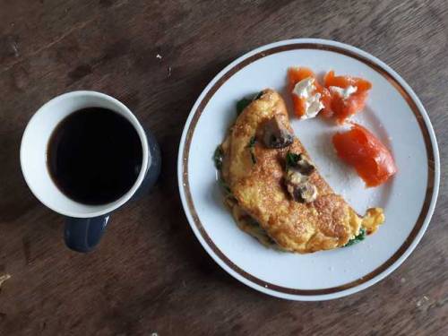 3 egg omelette with mushrooms, gouda, spinach, and spicesalongside salmon + cream cheeseadded a bit 