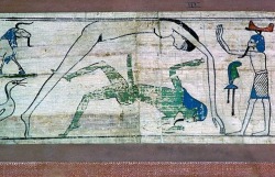 egypt-museum:Egyptian CosmologyDetail of the funerary papyrus of   Tameni, frame 3, showing the cosmos. From left to right are the Ram, Osiris and the Goose, Geb the earth, and Nut the goddess of the sky. On the right, a deity worships.Third Intermediate