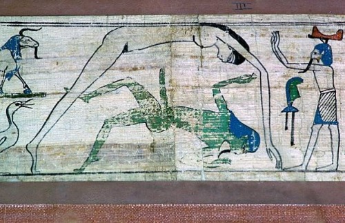 egypt-museum:Egyptian CosmologyDetail of the funerary papyrus of Tameni, frame 3, showing the cosmos
