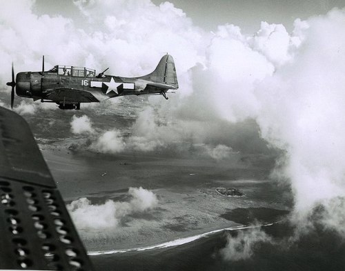 usaac-official: SBD-5s of VB-16 in flight over Saipan, 15 June 1945