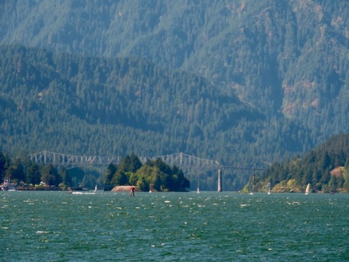 Columbia River and Bridge of the Gods from Stevenson, Washington on a Windy Day, 2015.The regular an