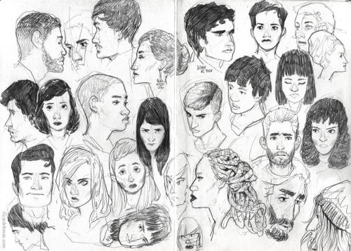 ricardobessa:  I’m done with my current sketchbook  and I filled quite a few pages with faces. Decided to collect some of my favourite spreads here, in no particular order. I’ve posted most of them already - first one is new, though. Seeing all