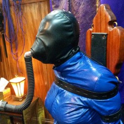 mistressaliceinbondageland:  Closeup of the #breathplay #leather #bondage scene using a great #MrS hood with a #gasmask insert. #femdom #vacation 