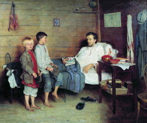 artist-belsky: Visit of the Unhealthy Teacher, 1897, Nikolay Bogdanov-BelskySize: 121.5x103.3 cm