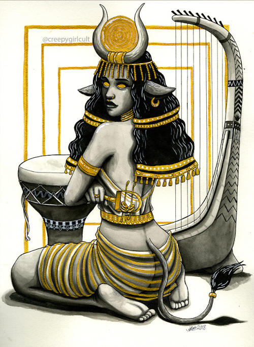 “Bast, Isis, and Hathor” - watercolor and gold acrylic ink - 2018 Artist: creepygir