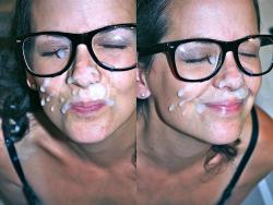 cumonglasses:  fuzzygumby:  Cheeky facial   Cum on Glasses: proud