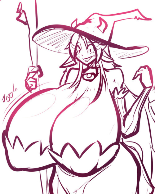xanakoap:I drew this while watching @graphiteknight streaming: Meushi Mattie cosplayed as the sorceress from Dragon’s Crown. I don’t know why I did that pose, I guess she is worried to slip some nip :p