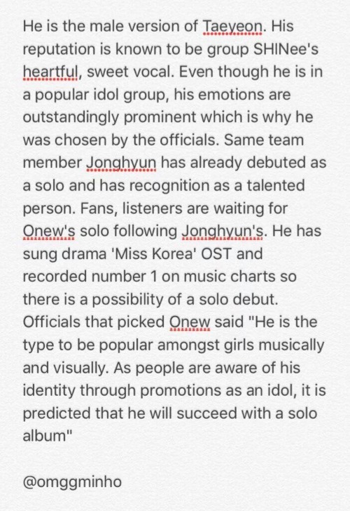 hopebebo:  [151104] “Next solo success is you!” Stars officials have picked for next generation’s solos" (ONEW)   Trans:@omggminho 