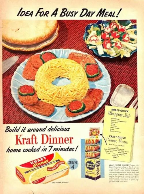 vintageadvertising: 1950s Kraft Macaroni and Cheese Dinner advertising.