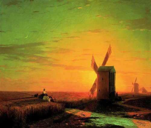 Windmills in the Ukrainian steppe at sunset, 1862, Ivan Aivazovskihttps://www.wikiart.org/en/ivan-ai