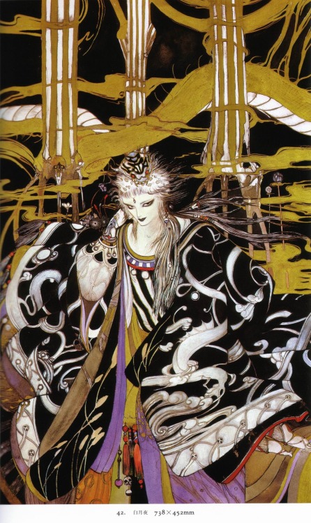  Yoshitaka Amano, japanese graphic artist and character designer, usually made his illustrations with ink and watercolor. Well known for designing characters for video games such as Final Fantasy, or his artwork in Sandman or Vampire Hunter D.  