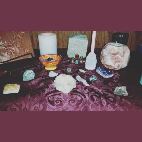 Close up of my crystal shelf #witchcraft #occult #crystals #candles #magic #crystalgrid