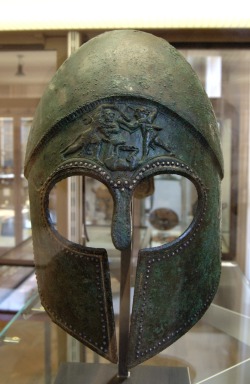 coolartefact:  Bronze Corinthian Helmet with silver nails,5th cent.BC [1448x2224]Source: https://upload.wikimedia.org/wikipedia/commons/e/e7/Corinthian_helmet_Cdm_Paris_BB2013.jpg