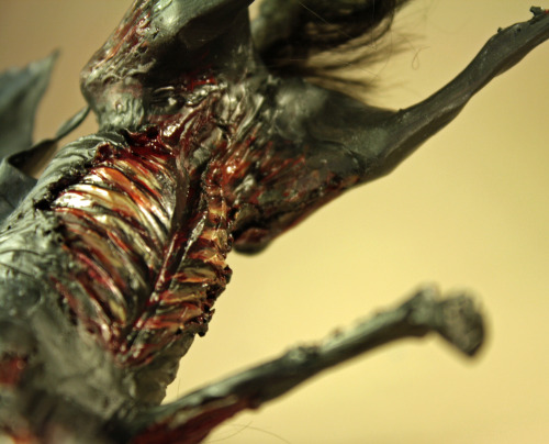 quequinoxart:  “Asakku” the demon horse/ thestral, made from polymer clay over wire and foil, painted in acrylic, with mohair mane and tail. He is about 4 inches long from chest to bum and 6 inches tall. I made him back in September/ October,