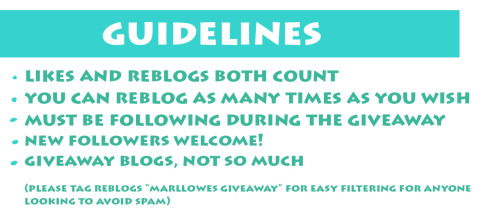 marllowe:  Marlowe’s 1,000 follower giveawayActually this comes late, but ignore that. Giveaway time! Text transcript:Likes and reblogs count. You can reblog as many times as you want, but mind ur followers and tag the post ‘marllowes giveaway”