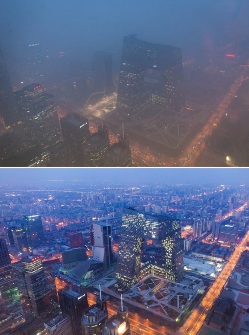 bfc1084:  Top: Beijing - 1/14/13- Glad I’m not there right now. Smog reminds me of Blade Runner. Bottom: A better day