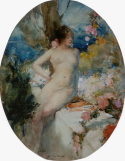 artbeautypaintings:  Nude in a rose garden - Antoine Calbet
