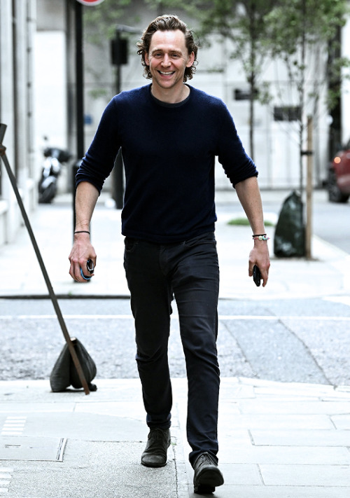 theavengers: Tom Hiddleston seen leaving BBC Radio 2 Studios on May 11, 2022 in London, UK