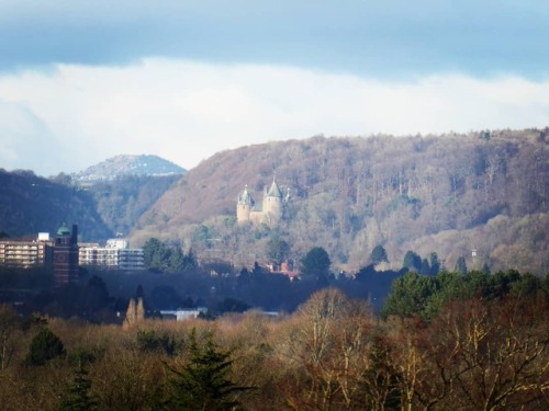 Castell Coch from Cardiff Castle, with the Taff Valley beyond