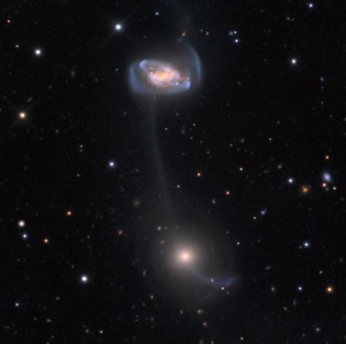 GALAXIES CONNECTED BY A STRINGWhat looks like a string connecting galaxies NGC 5216 (top) and NGC 52