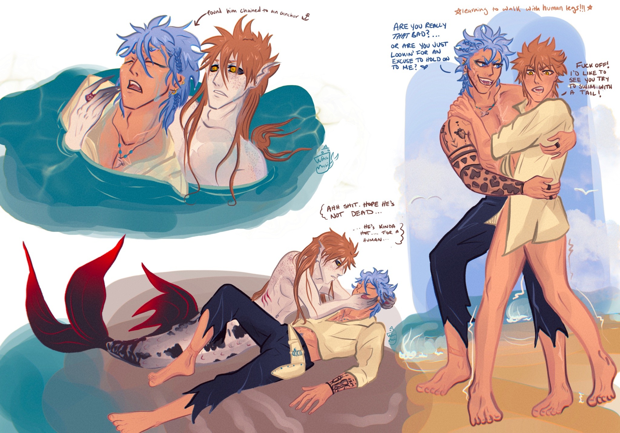 witchmachi:Ichigo was warned by his father to never let a human see him… but when he saw a young pirate with hair bluer than the sea drowning… well, surely it wouldn’t be right to let the human die! 