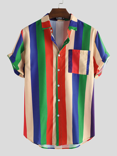 colorfultimetravelbeard: Cool Rainbow Striped Patch Pocket Casual Short Sleeve Shirts Check out HERE