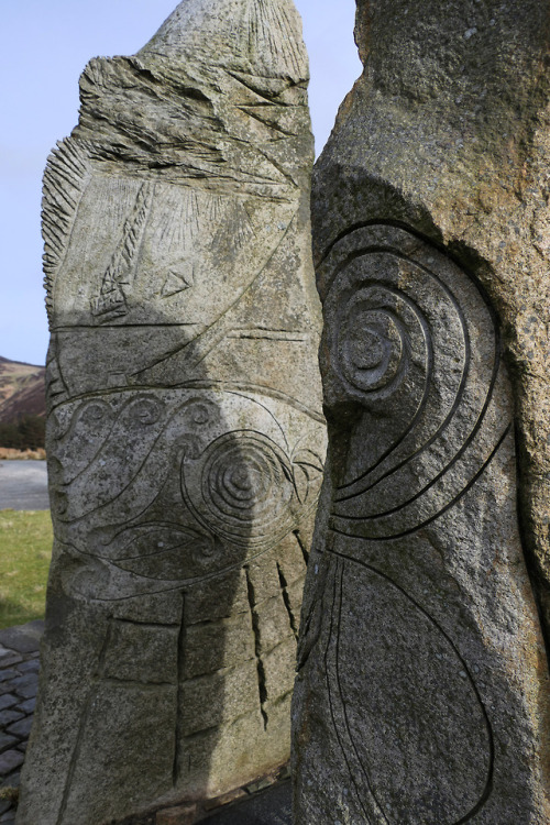 Tre’r Ceiri Standing Stones, Lleyn Peninsula, North Wales, 16.2.18.Three modern sculpted stones that