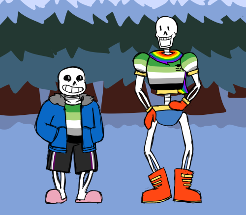 these skeletons aro! good for them(drawn for #arocreatives, kicking off asaw!)[ID: a drawing of sans
