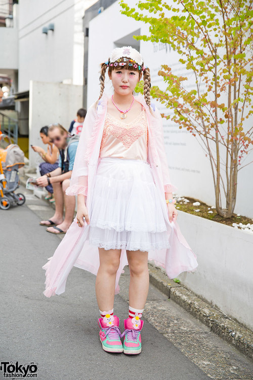 20-year-old Am on the street in Harajuku wearing sheer pastel vintage/resale fashion with items from