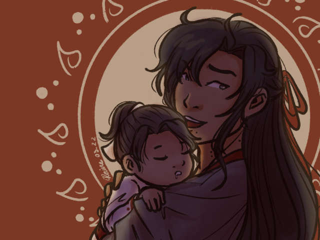 Wei Wuxian holding a sleeping A-Yuan on his shouler. He's smiling at the viewer. Both are backlit by a Wen Sun