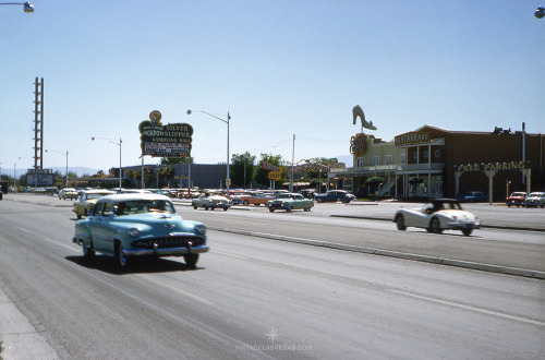 vintagelasvegas:Las Vegas Strip, May 1957Thanks to the unknown traveler in a blue & white ‘55 Ol