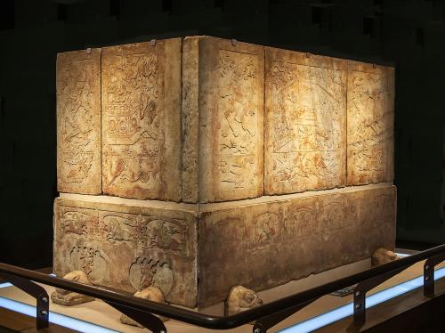 historyarchaeologyartefacts:The rear of the marble sarcophagus of Yu Hong, in Shanxi Museum. 6th cen