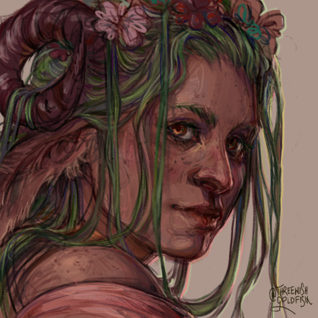 A digital portrait of Fearne Calloway from campaign 3 of Critical Role. She is shown from 3/4, in a quite tight view, looking to the side and over her shoulder. The picture is done in a mostly realistic style, in mostly warm shades with elemenys of green. Fearne has lightly tanned, freckled skin, long, goat-like ears and long green hair. The curled horns on her head and adorned with flowers, some hair is tangled around them, some strands fall into her face. She is smiling lightly with a glint in her eye.