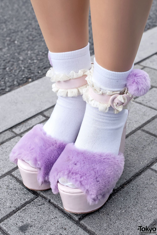 tokyo-fashion:  18-year-old Rinalee on the street in Harajuku wearing a fuzzy Swankiss jacket with a WC skirt, Katie pins, a WEGO backpack, and a YowaPeda Sohoku teddy bear. Full Look