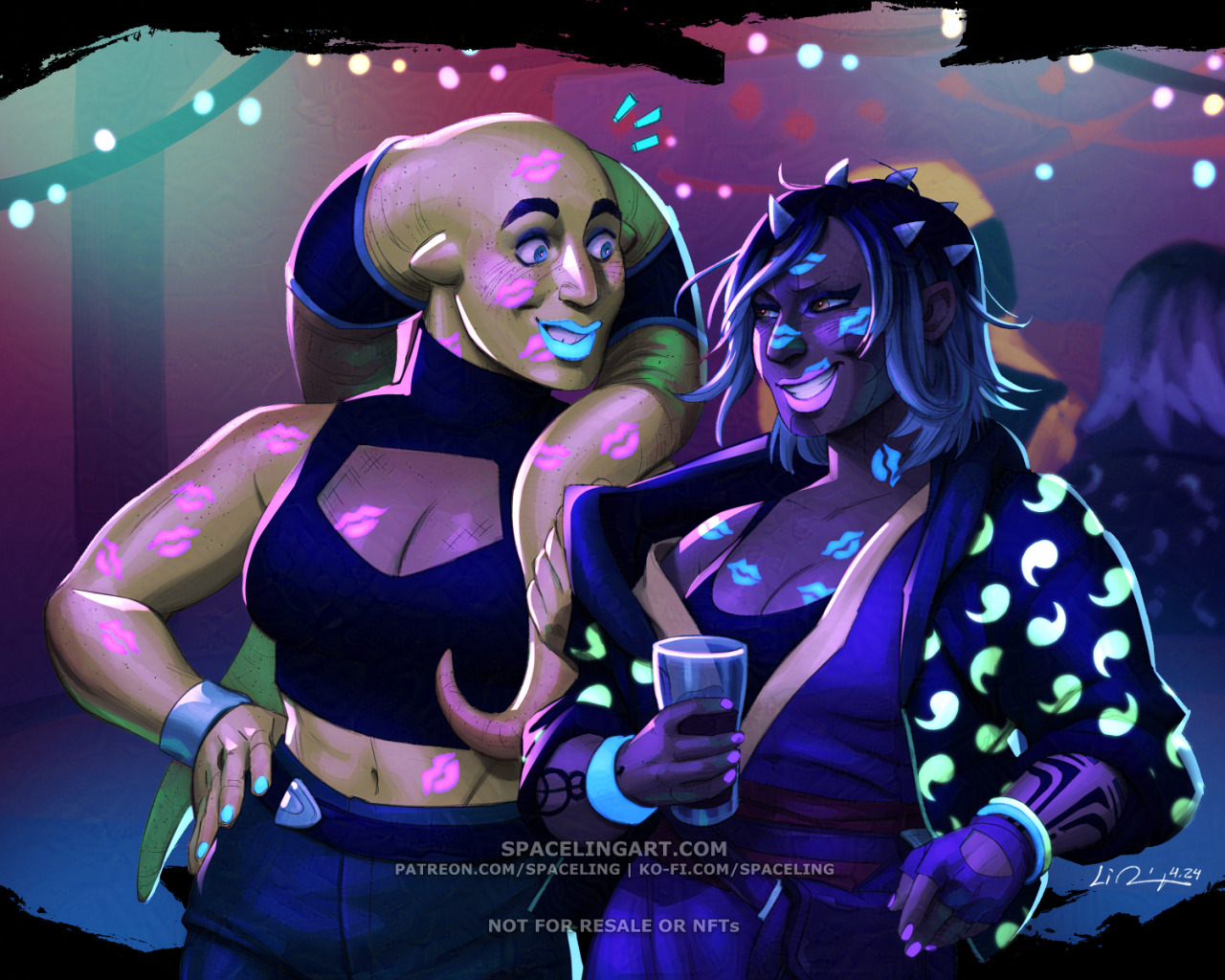 A continuation of the previous image of the twi'lek and zabrak in a club. The lighting has changed to U.V., making all of the neon elements glow. The U.V. lights also reveal lipstick marks from the two women's kisses all over each other in their respective lipstick colours: the twi'lek's blue lipstick on the zabrak, and the zabrak's purple lipstick on the twi'lek. The twi'lek woman is still smiling but her expression is accompanied by one of surprise. The zabrak is giving her a sly smile in return.