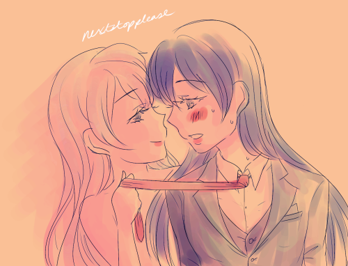 nextstoppleaseart:  Blushing Umi in a suit + naked flirty Kotori = hot kotoumi timez