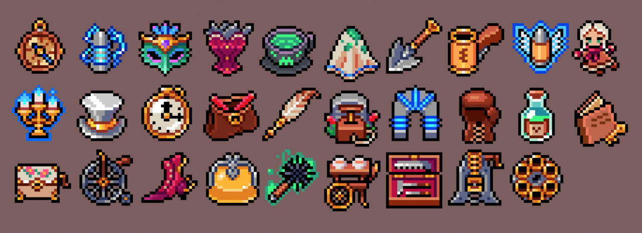 tearascal:
“Just finished up the last batch of tiny items for Monsters & Monocles. The 20 x 20 pixels limitation can be super challenging, but I’m really happy with how these all turned out. The “Dubious Handkerchief” and “Shrapnel-filled Corset” are...