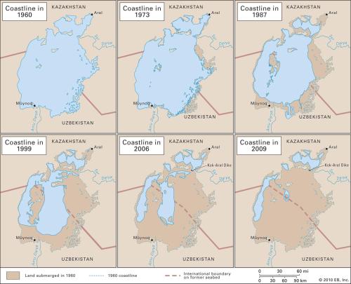 The Aral Sea coastline from 1960 to 2009.