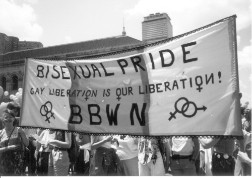 robynochs:  Today is the first day of Bisexual Awareness Week. Focus: bi history (bistory). Here’s the Boston Bisexual Women’s Network in Boston Pride, early 1990s. 