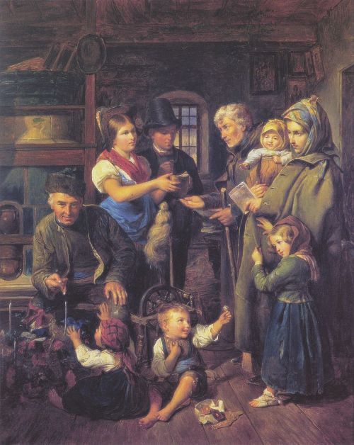 A traveling family of beggars is rewarded by poor peasants on Christmas Eve, 1834, Ferdinand Georg W