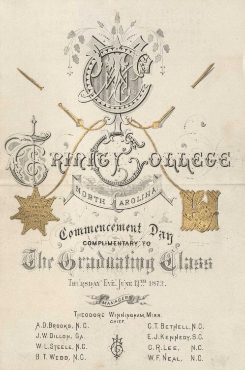 In honor of today’s newest Duke graduates, some lovely examples of invitations to Trinity Coll