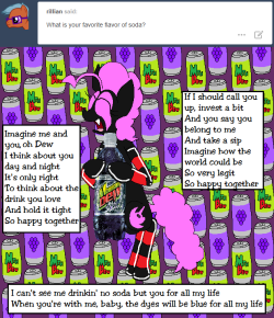 darkfiretaimatsu:Does anypony remember Mountain Dew Pitch Black? It was Dew, it was grape, it was fantastic~ I guess since I can’t have them as one anymore, I can still have them separately. But they’re best when together~x3