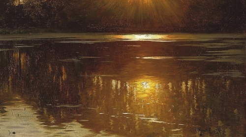 just-art5: Peder Mønsted - Sunset over a forest lake, 1895 (details)